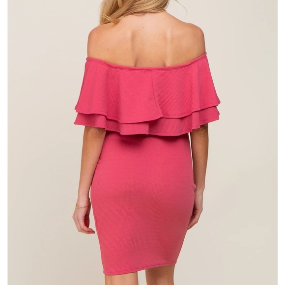 Fuchsia Off Shoulder Fitted Maternity Dress - Picture 2 of 9